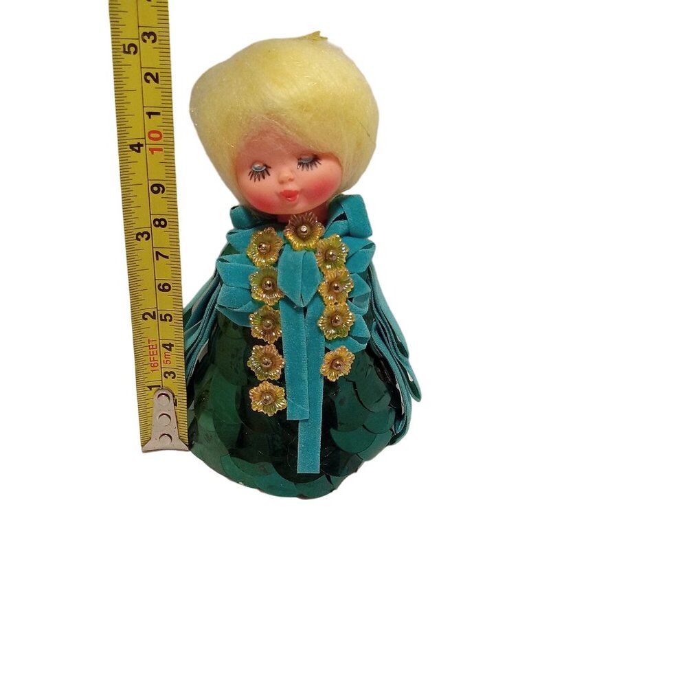 Vintage Handmade Blonde Doll in Green Sequin Dress Blue Felt Trim 60s DIY Kit - Picture 11 of 11